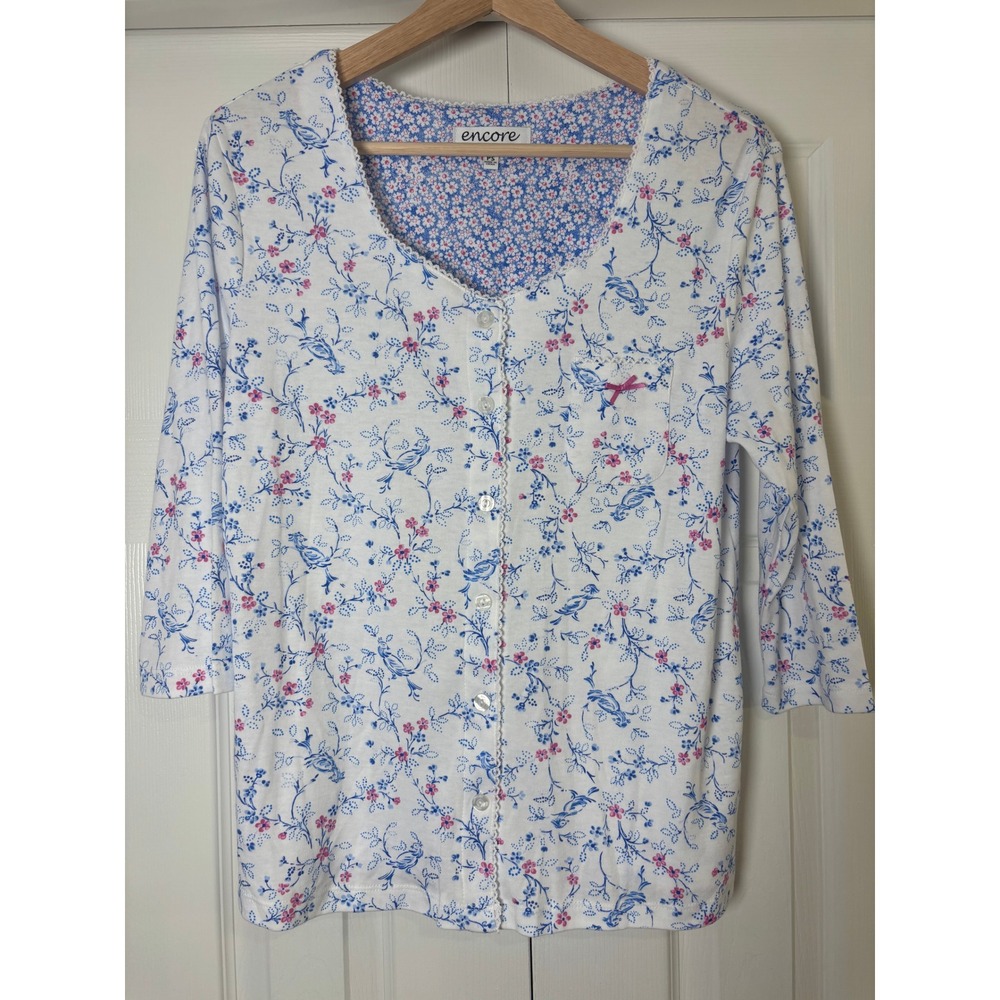 Karen Neuburger Encore Pajama Top Blue Pink Floral Bird Lace Trim PS